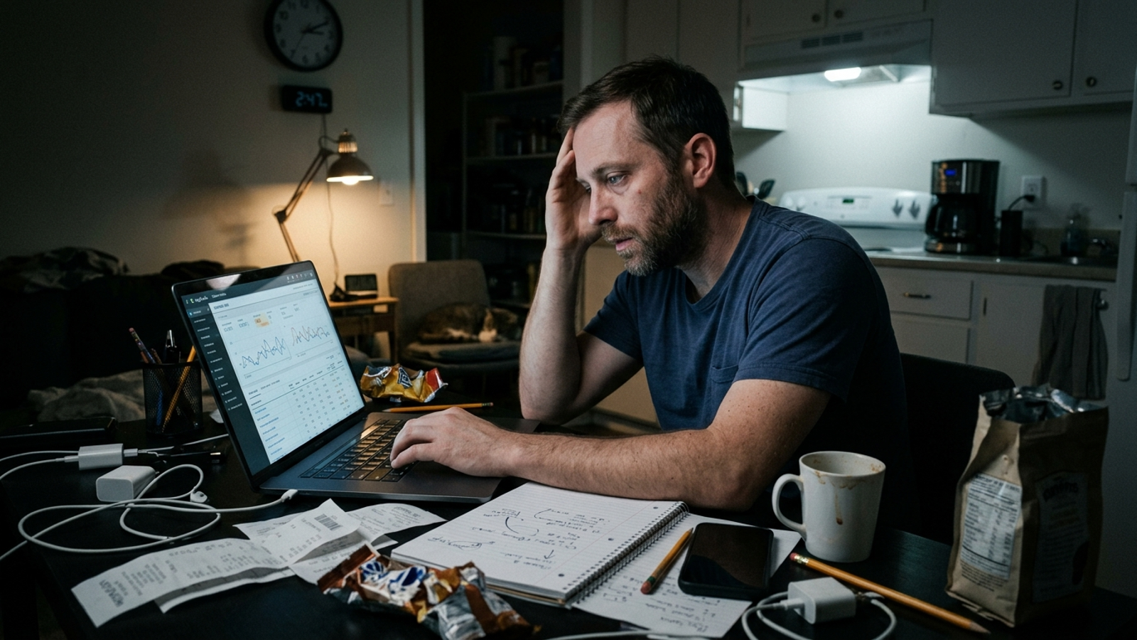 A business owner looking at Google Ads charts on a laptop late at night