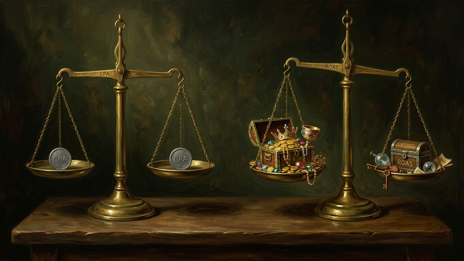 Two scales, one weighing identical coins and the other weighing mismatched treasure chests.