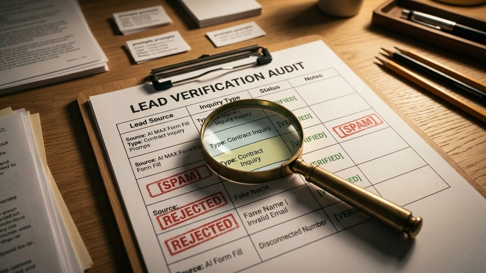 An operations desk with a lead audit log marking spam submissions as rejected and qualified inquiries as verified.