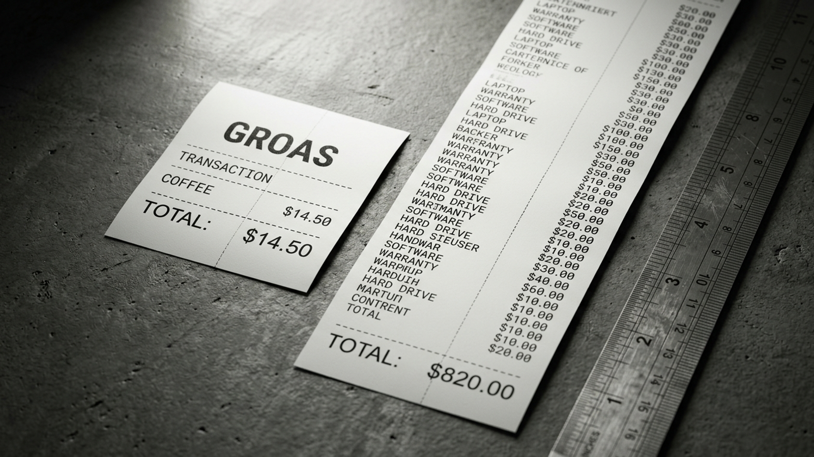 Two receipts side by side: a small purchase beside a much larger itemized purchase.