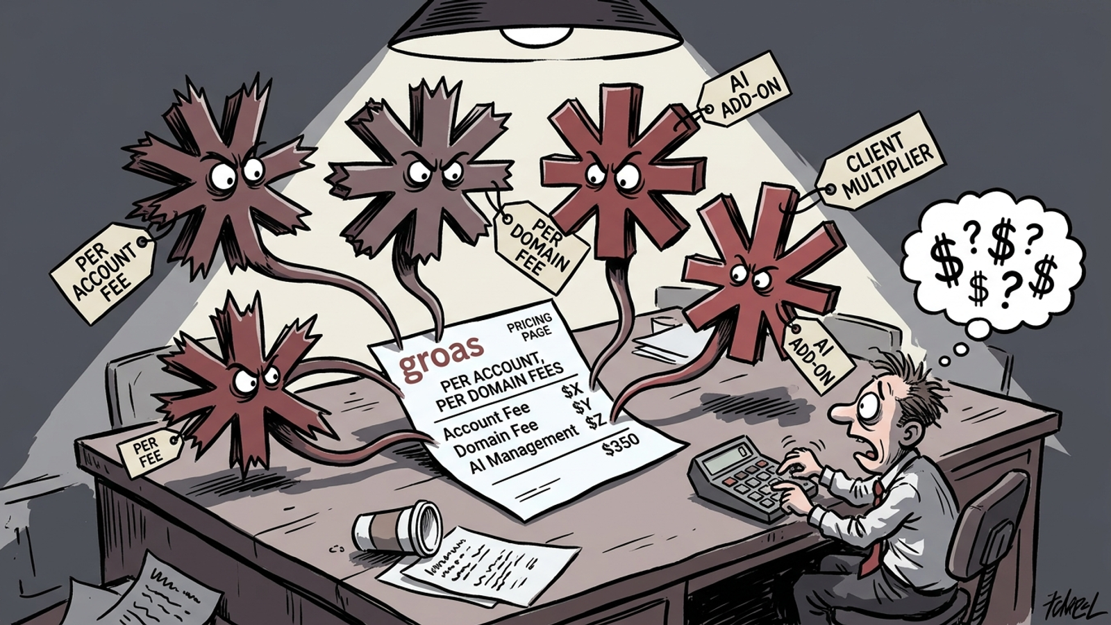 Cartoon invoice with small asterisks growing into large fee monsters