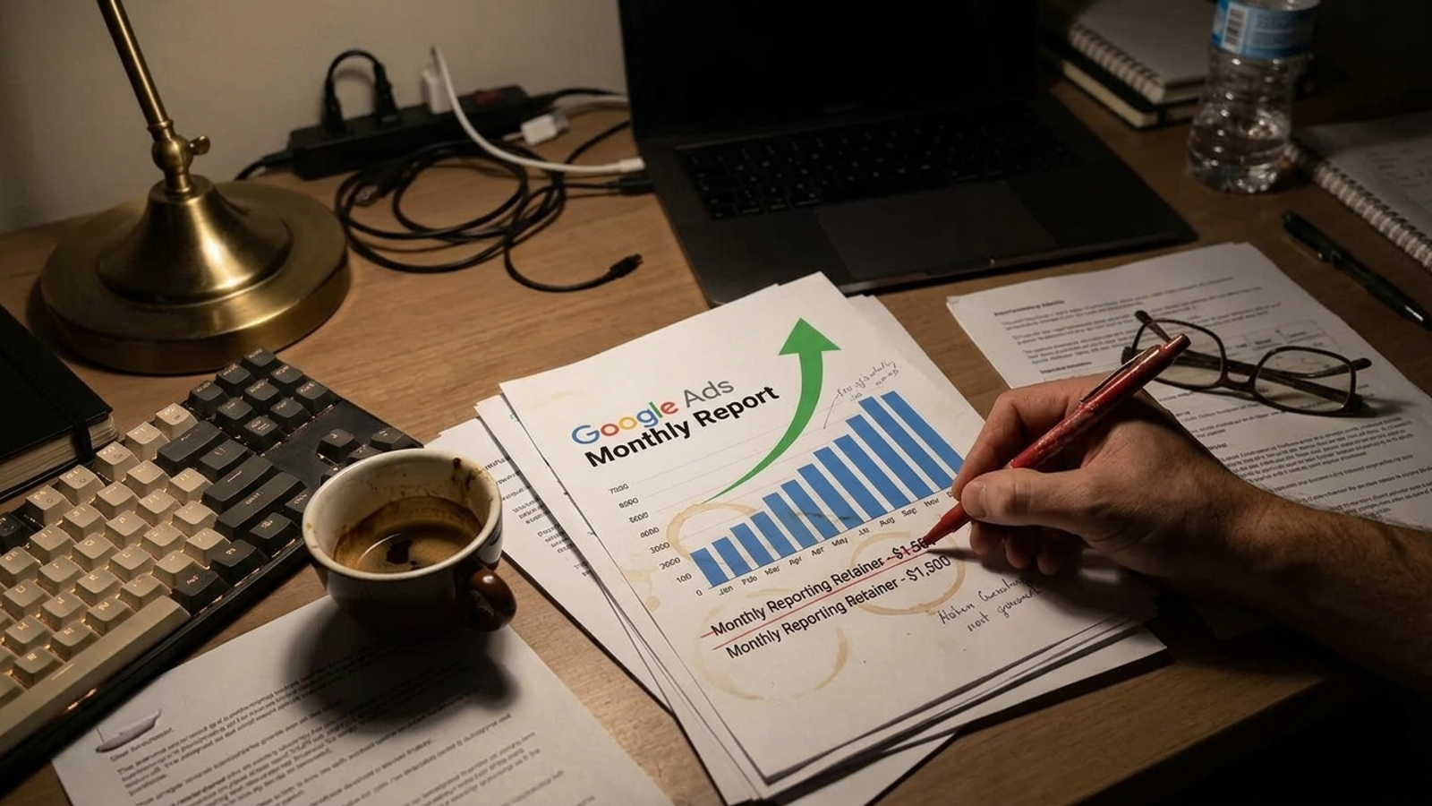 A late-night marketer’s desk with monthly reporting fees crossed out in red pen.