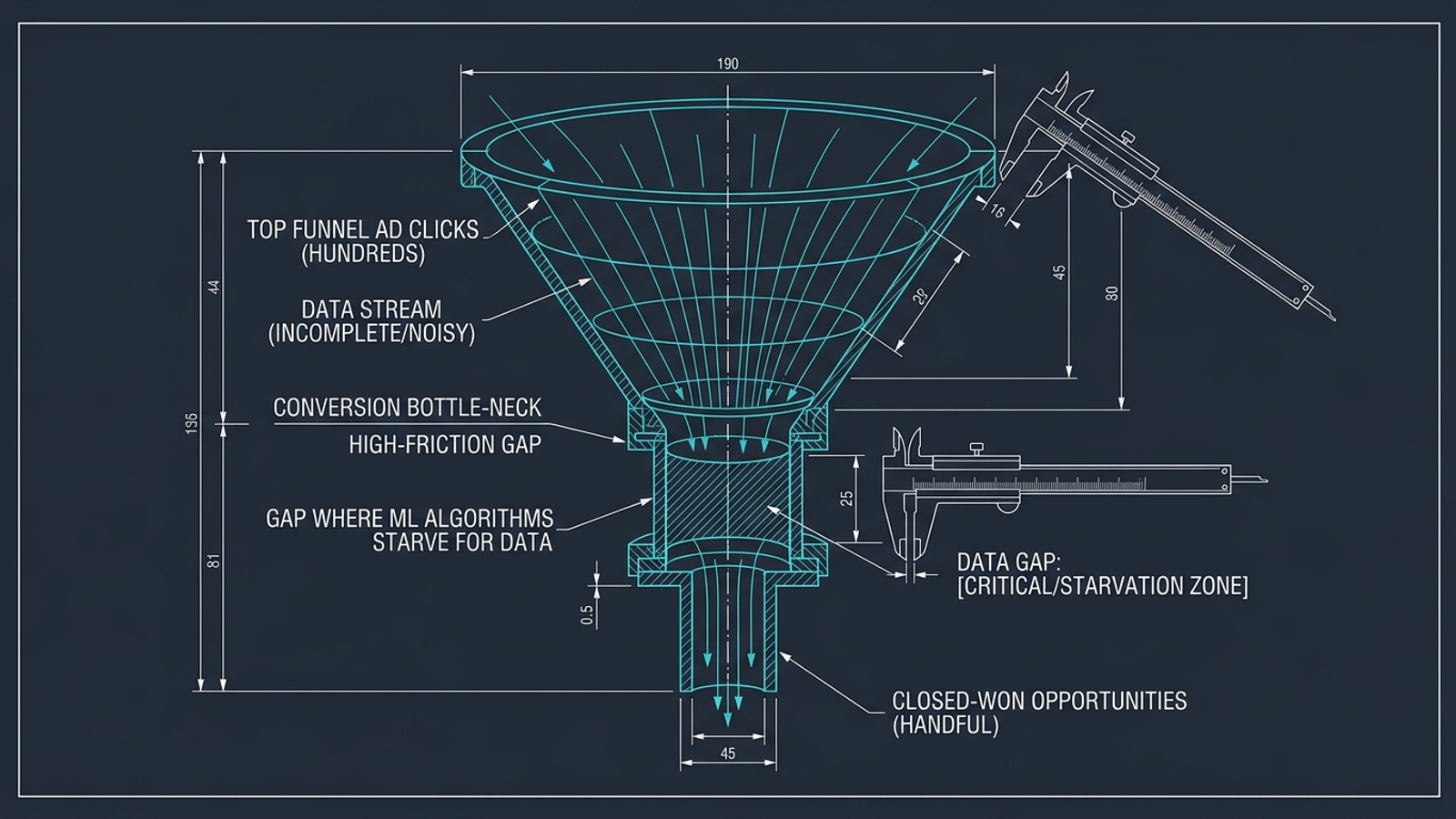 A blueprint-style diagram illustrating the conversion-volume bottleneck in B2B SaaS Google Ads campaigns.
