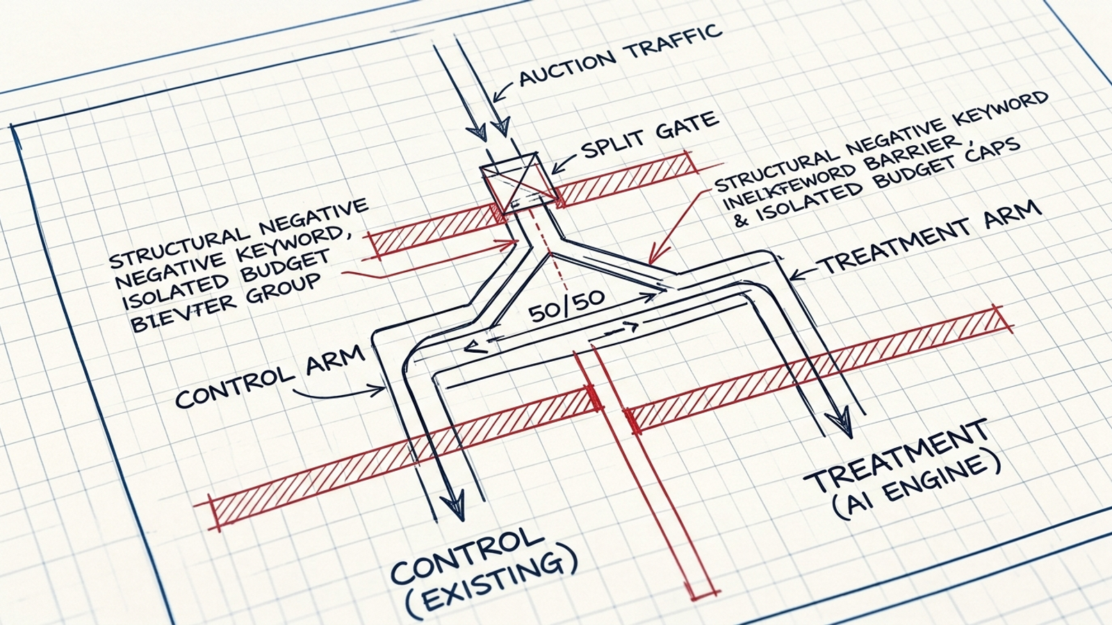 Diagram of a 50/50 ad traffic split into control and treatment arms with separate budgets and brand exclusions