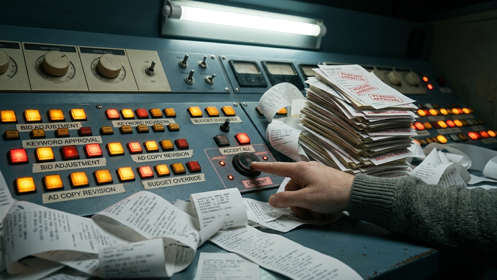 A control room console crowded with review buttons and pending forms beside an empty coffee cup.