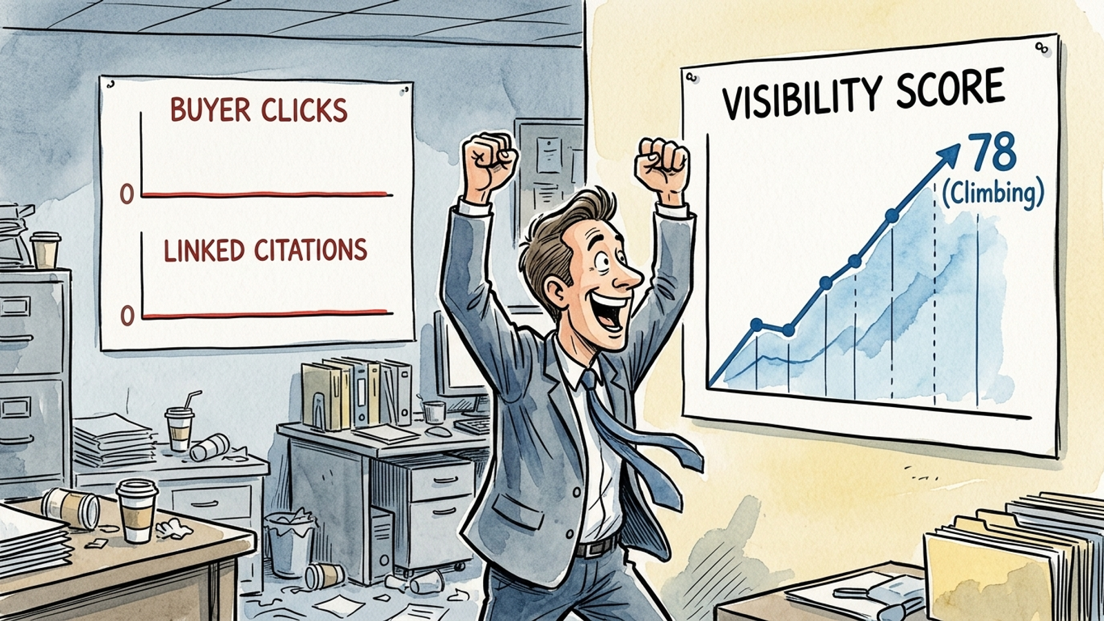 Cartoon of a marketer celebrating a vanity score while buyer clicks go elsewhere